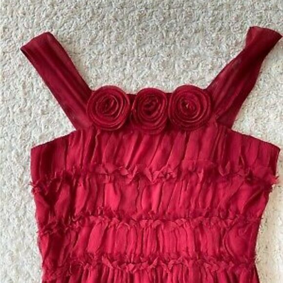Anthropologie Burlapp Red Silk Cocktail Dress Ruched Roses Small Formal - Picture 11 of 11